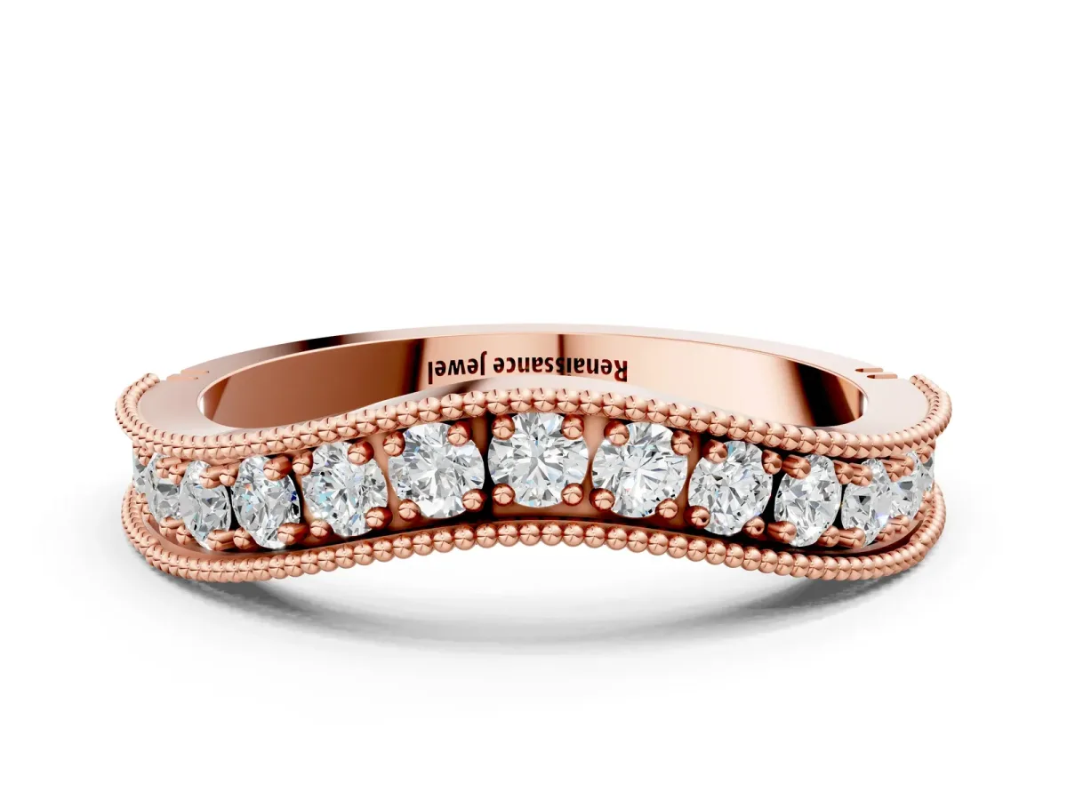 Round Diamond Milgrain Contour Wedding Band with Pavé Setting Rose gold