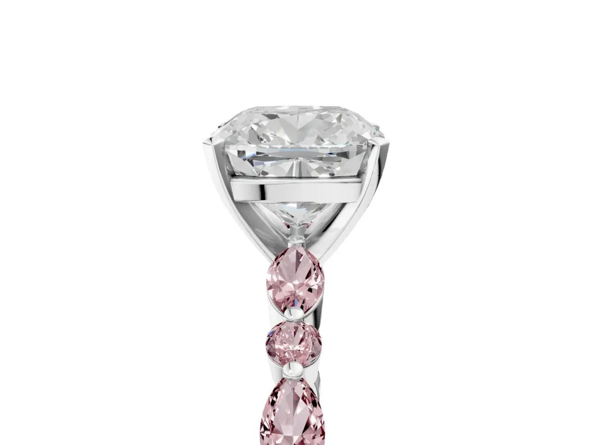 Cushion Cut Diamond Ring with Marquise and Round Morganite Side Stones and Four-Prong Setting Silver