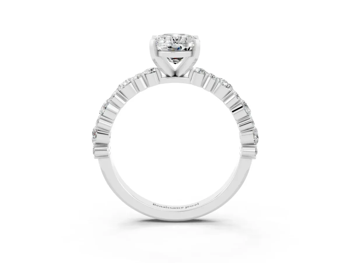 Oval Cut Moissanite Side Stone Solitaire Ring with Round and Four-Prong Setting White gold