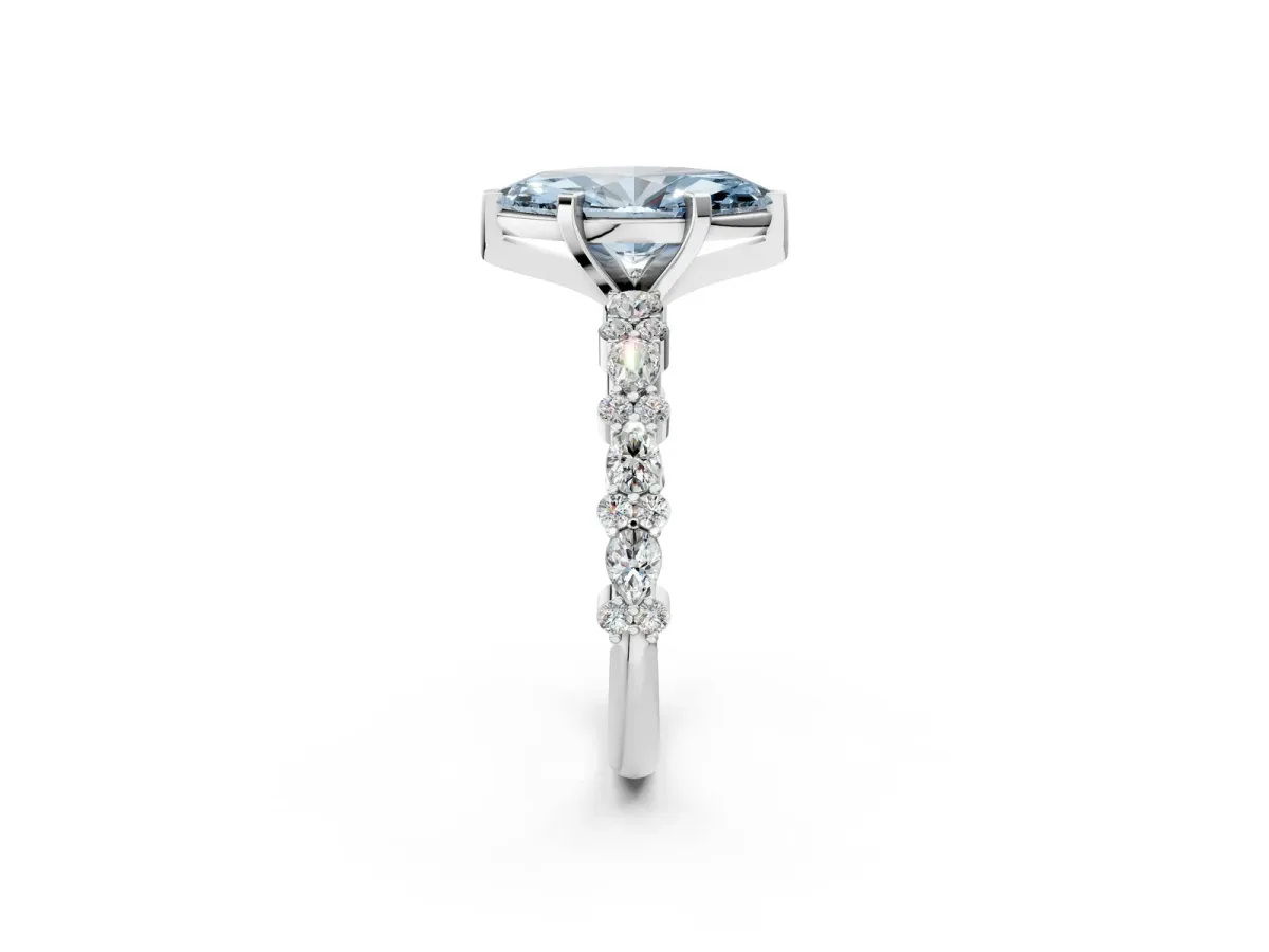 Fancy Blue Marquise Cut Diamond Side Stone Solitaire Ring with Round and Four-Prong Setting Silver
