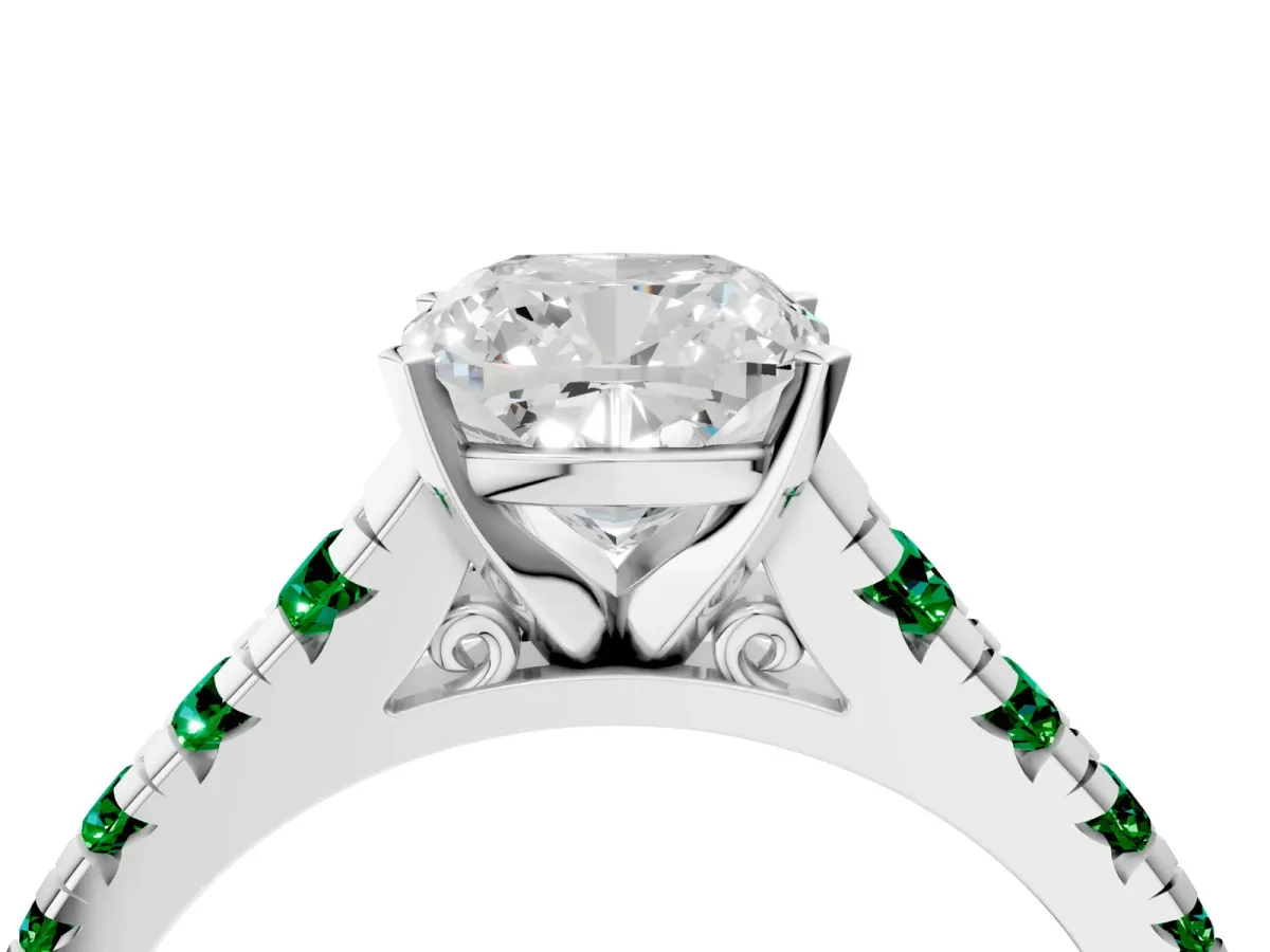 Cushion Cut Diamond Cathedral Solitaire Ring with Round Emerald Pavé Band Platinum