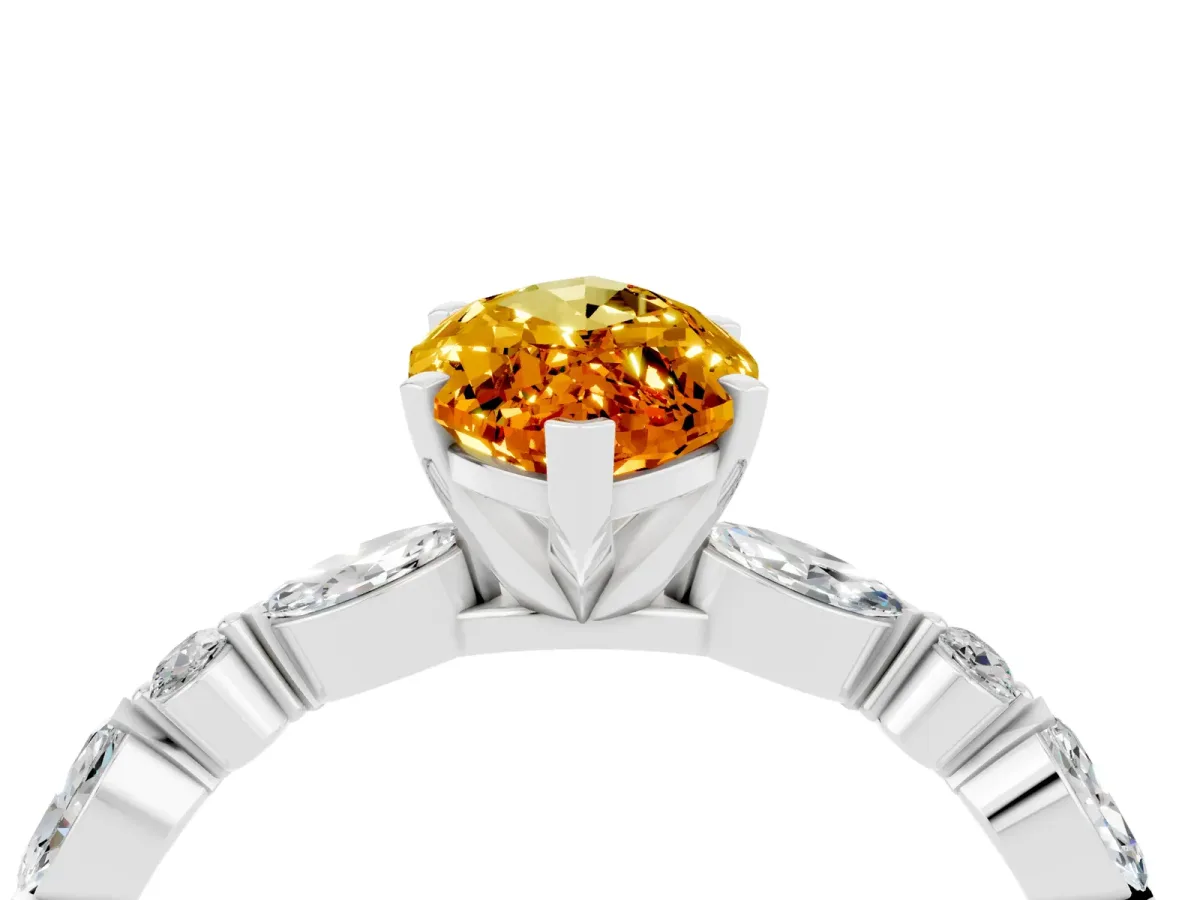 Marquise Cut Citrine Ring with Marquise and Round Side Stones and Four-Prong Setting Platinum