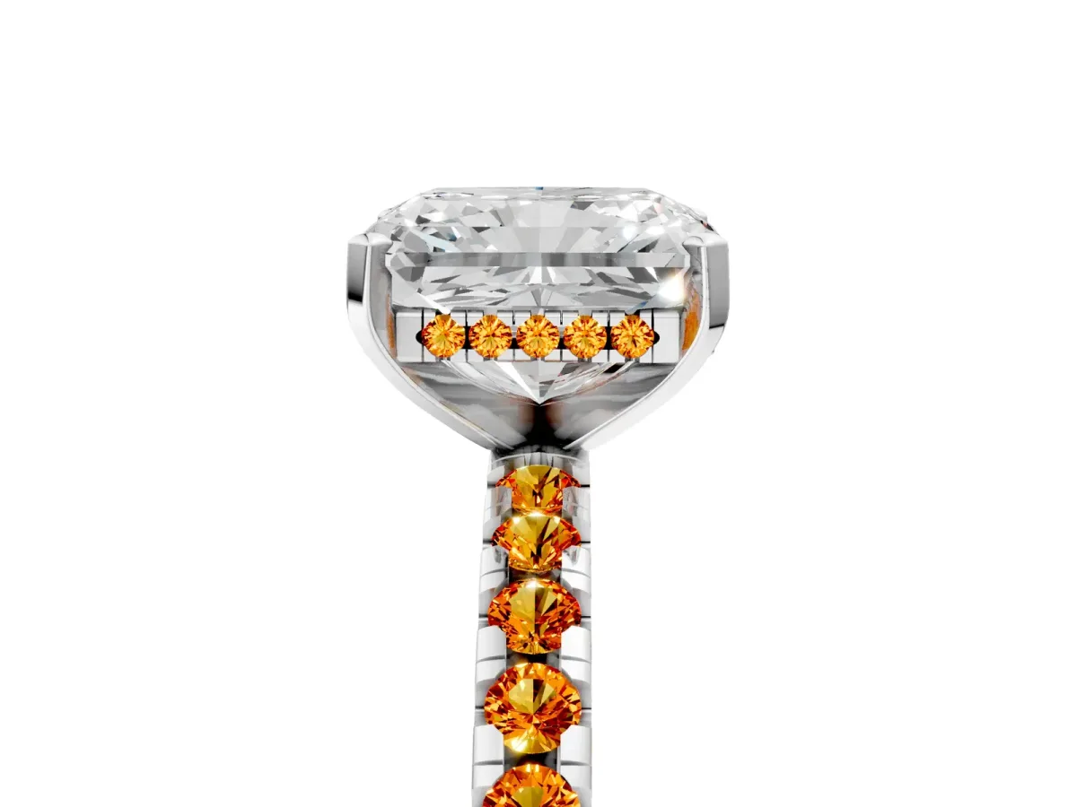Radiant Cut Diamond Solitaire Ring with Round Citrine Pavé Band and Four-Prong Setting Silver