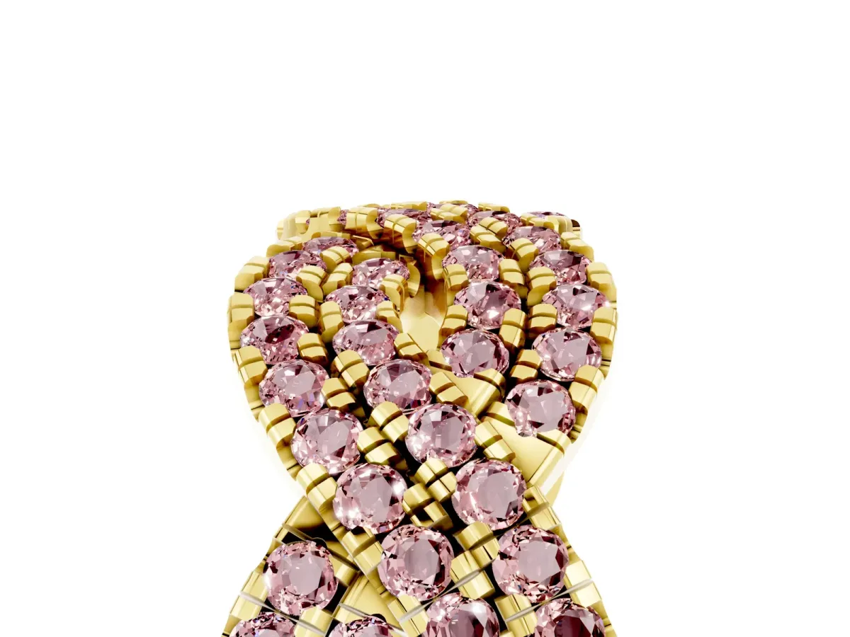 Pavé Round Morganite Infinity Twist Band with Shared Prong Setting Yellow gold