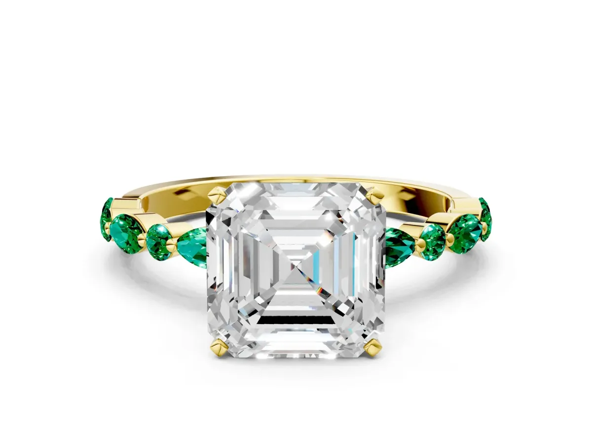 Asscher Cut Diamond Ring with Marquise and Round Emerald Side Stones and Four-Prong Setting Yellow gold