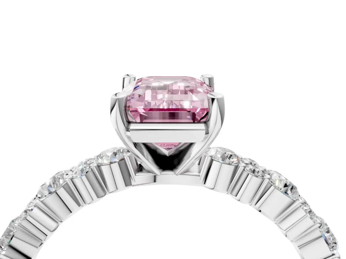 Fancy Pink Emerald Cut Diamond Side Stone Solitaire Ring with Round and Four-Prong Setting White gold