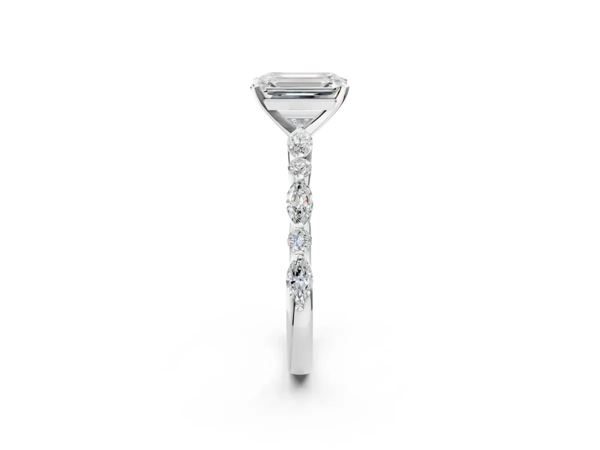 Emerald Cut Diamond Ring with Marquise and Round Moissanite Side Stones and Four-Prong Setting Silver