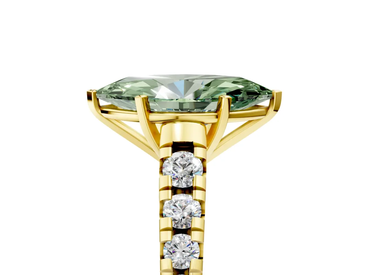 Fancy Green Marquise Cut Diamond Cathedral Solitaire Ring with Round Pavé Band Yellow gold