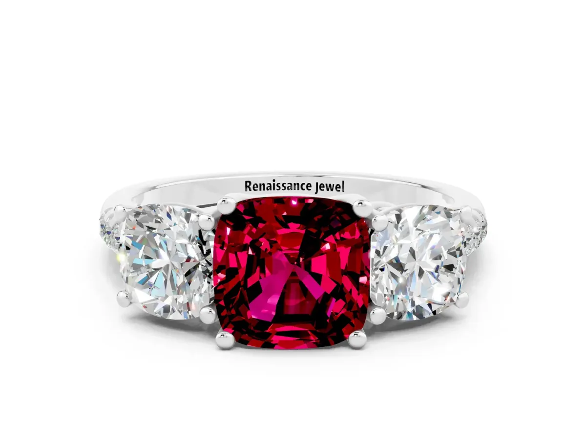 Three-Stone Cushion Cut Garnet Ring with Round Pavé Band and Prong Setting Platinum
