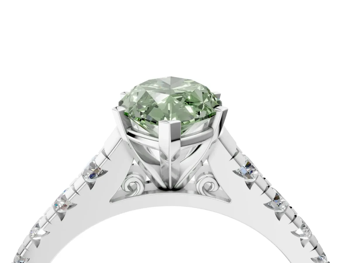 Fancy Green Marquise Cut Diamond Cathedral Solitaire Ring with Round Pavé Band Platinum