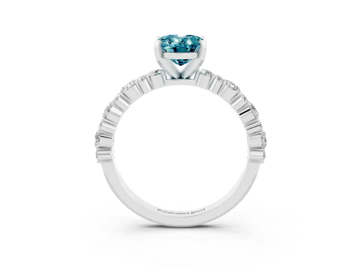 Oval Cut Blue Topaz Side Stone Solitaire Ring with Round and Four-Prong Setting Silver