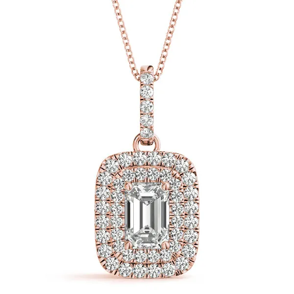 Emerald Cut Double Halo Diamond Pendant with Prong Setting Rose gold