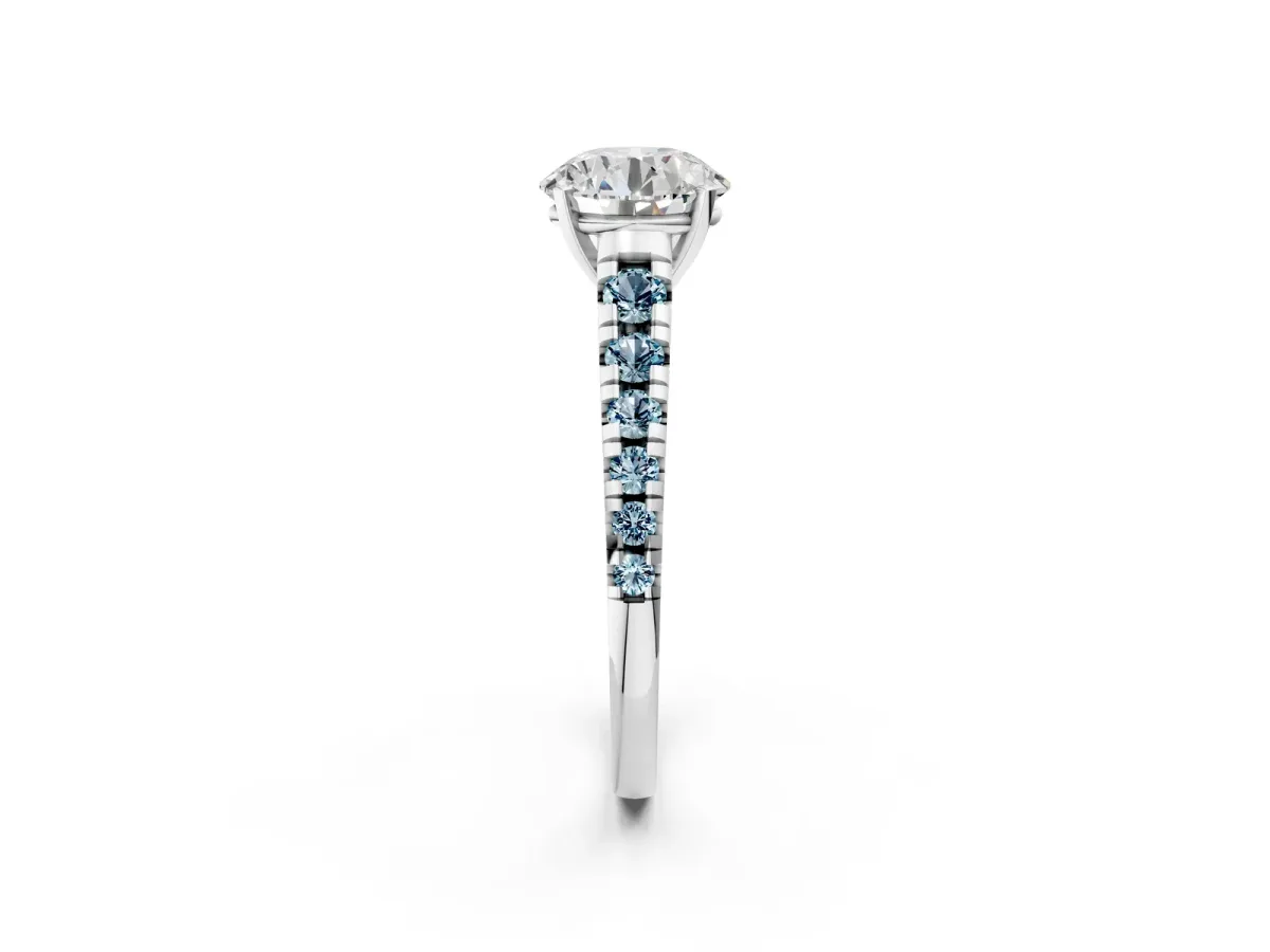Round Cut Diamond Cathedral Solitaire Ring with Round Aquamarine Pavé Band Platinum