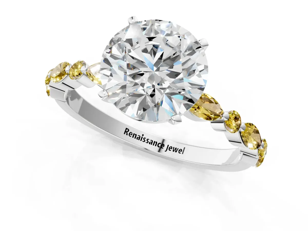 Round Cut Diamond Ring with Marquise and Round Yellow Sapphire Side Stones and Four-Prong Setting Silver