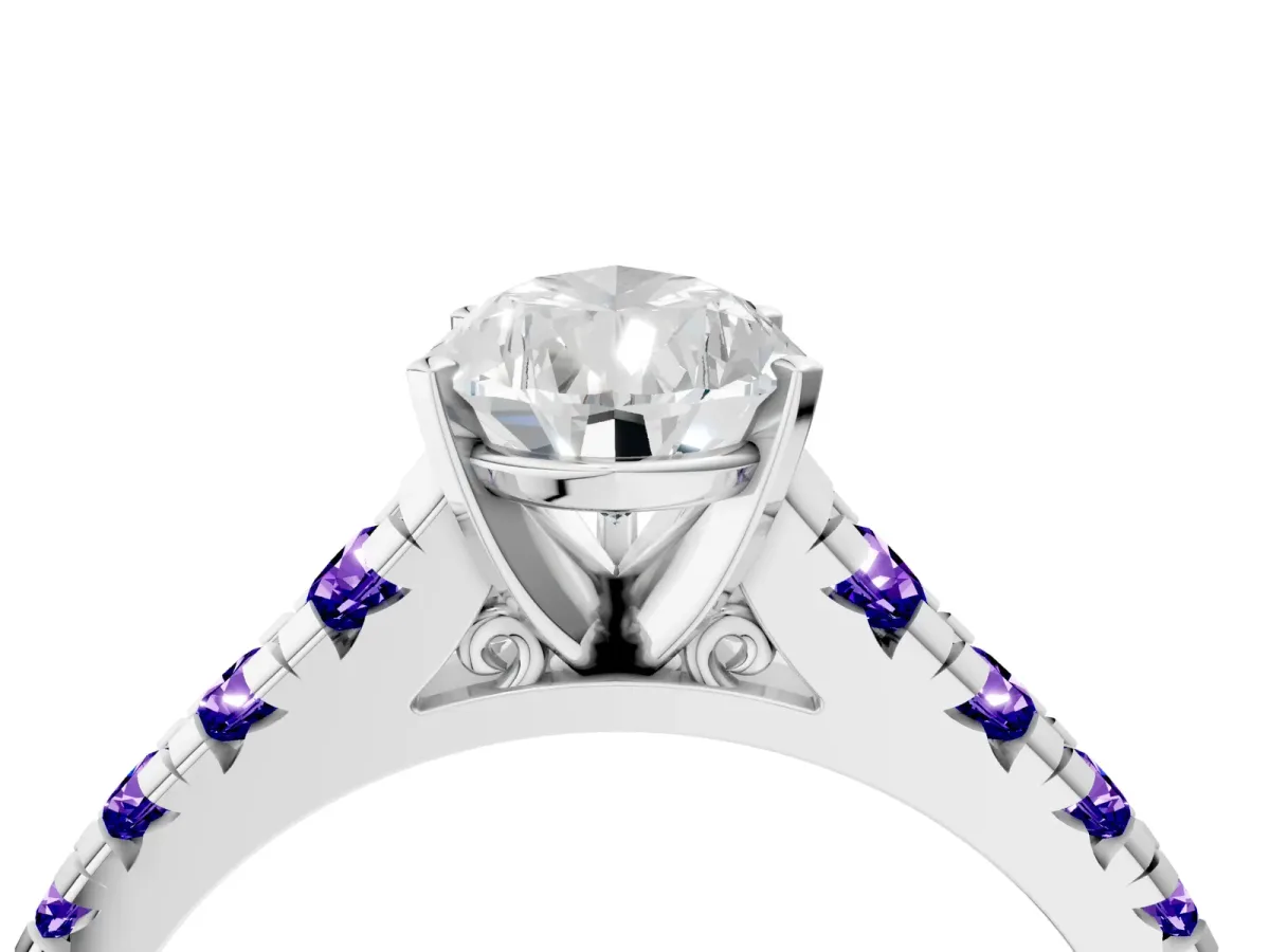 Pear Cut Diamond Cathedral Solitaire Ring with Round Tanzanite Pavé Band Platinum