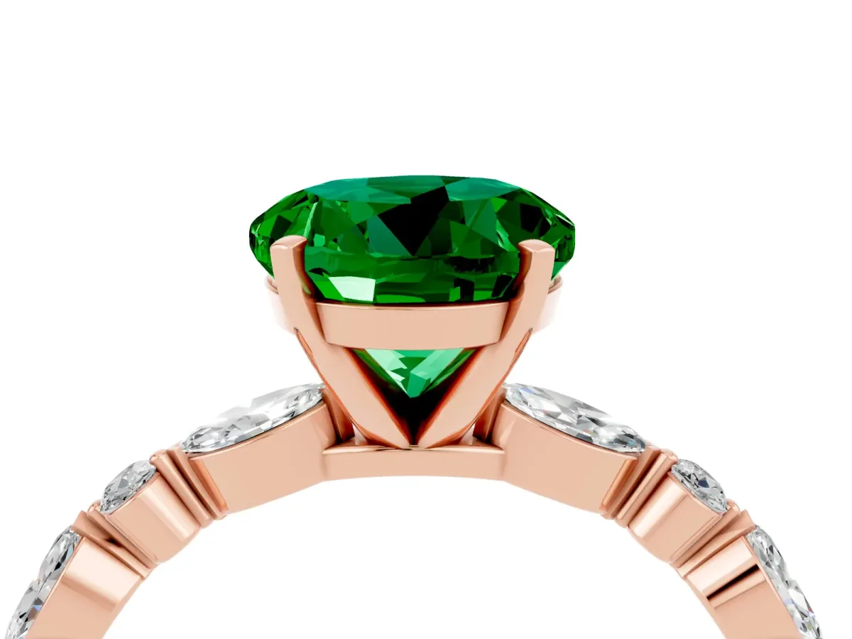 Round Cut Emerald Ring with Marquise and Round Side Stones and Four-Prong Setting Rose gold