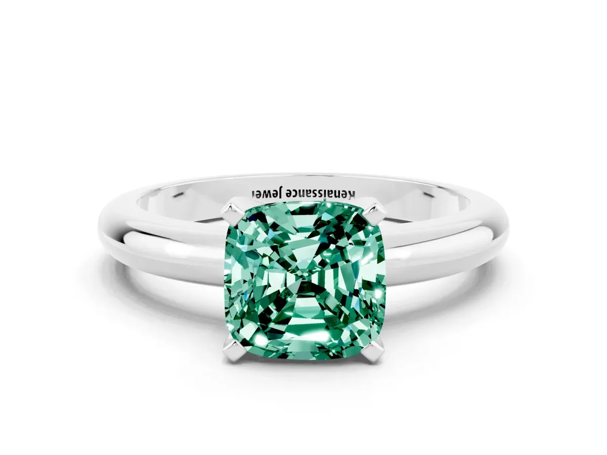 Cushion Cut Green Sapphire Solitaire Engagement Ring with Round Band and Four-Prong Setting Silver