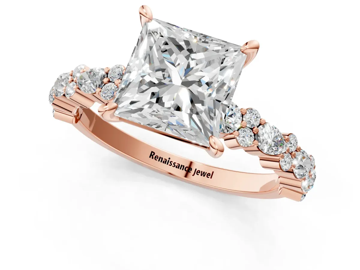 Princess Cut Diamond Side Stone Solitaire Ring with Round Moissanite and Four-Prong Setting Rose gold