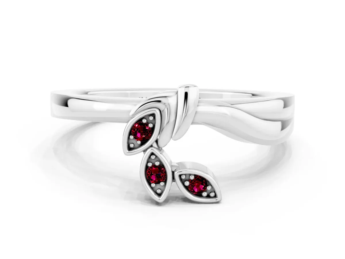 Three-Stone Round Garnet Leaf Bypass Ring with Bezel Setting Silver