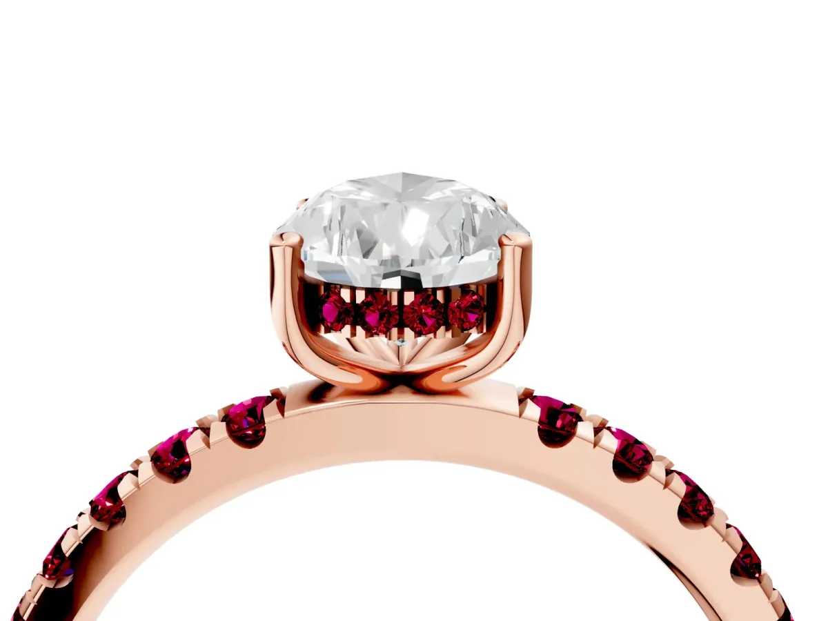 Pear Cut Diamond Pave Band Solitaire Ring with Round Garnet and Prong Setting Rose gold
