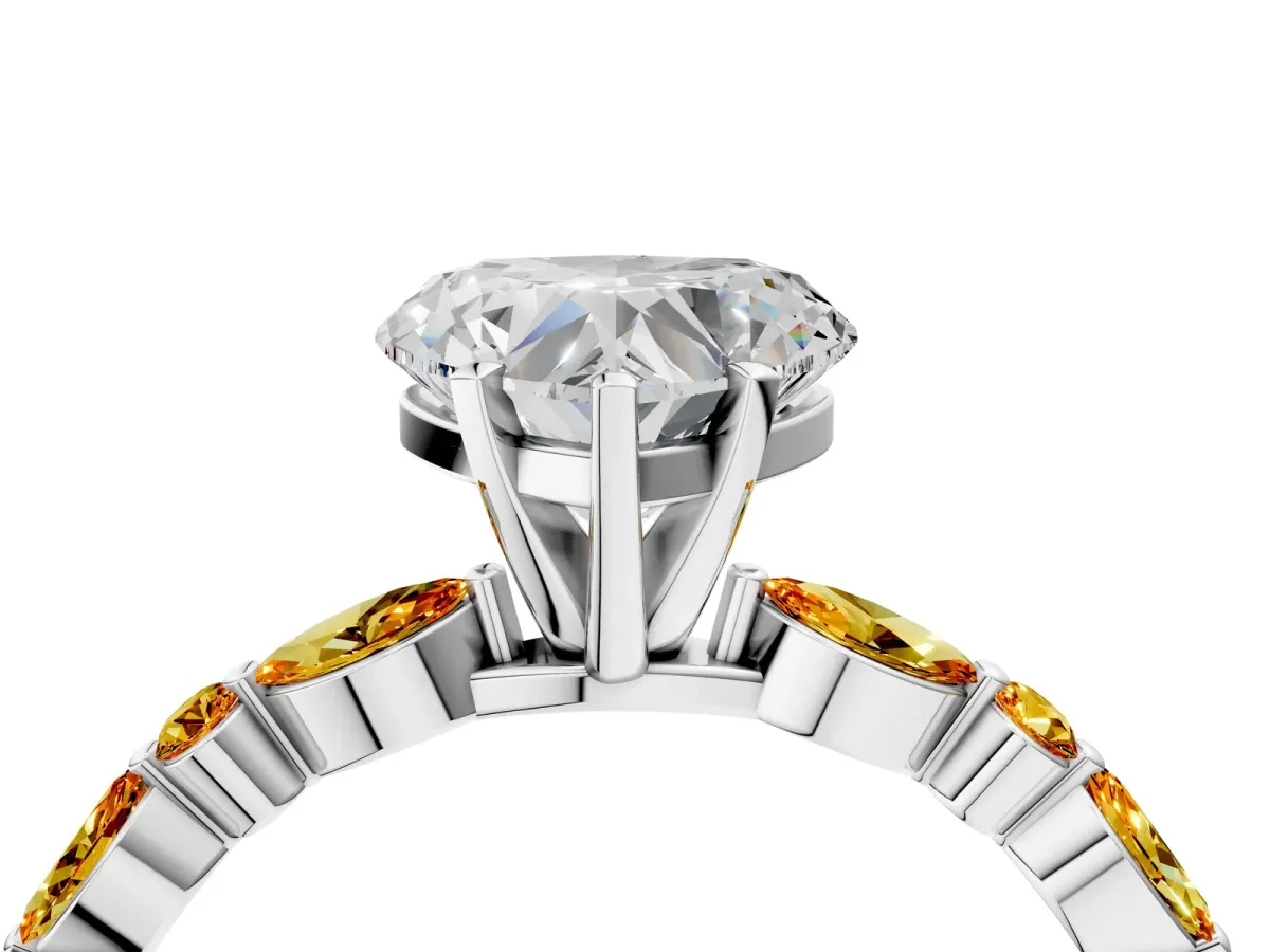 Heart Cut Diamond Ring with Marquise and Round Citrine Side Stones and Four-Prong Setting Silver
