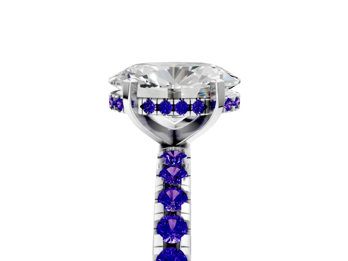 Oval Cut Diamond Solitaire Ring with Round Tanzanite Pavé Band and Four-Prong Setting Silver