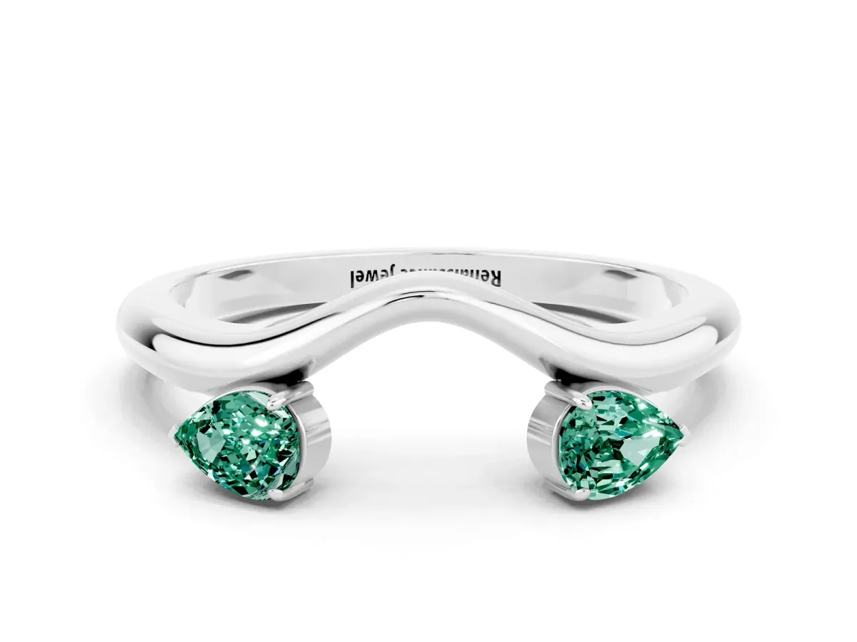 Pear Cut Green Sapphire Two-Stone Open Band Ring with Prong Setting White gold