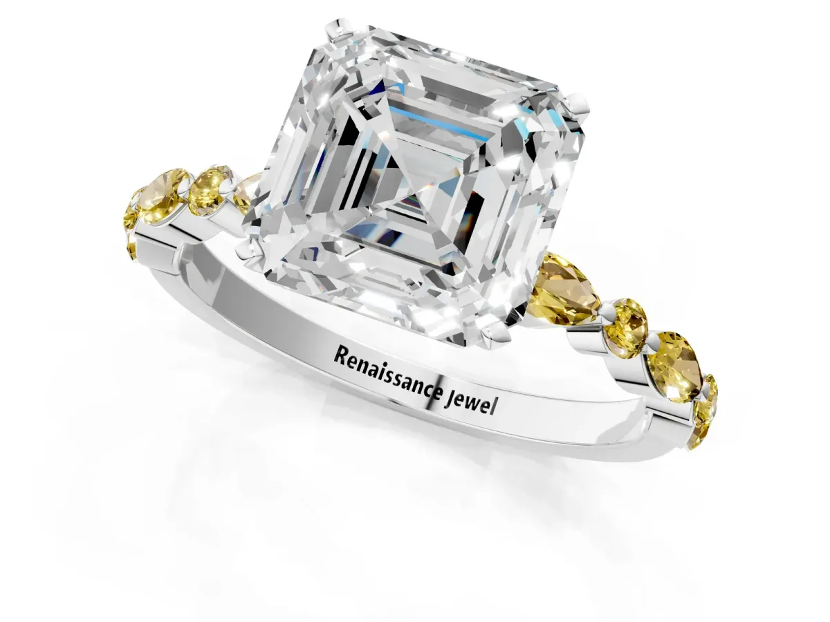 Asscher Cut Diamond Ring with Marquise and Round Yellow Sapphire Side Stones and Four-Prong Setting Silver