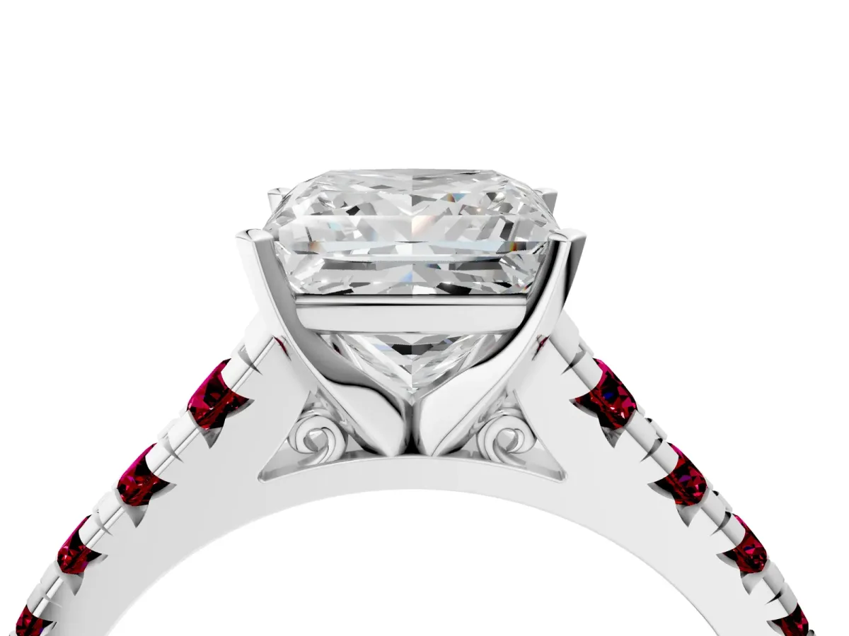 Princess Cut Diamond Cathedral Solitaire Ring with Round Garnet Pavé Band Silver