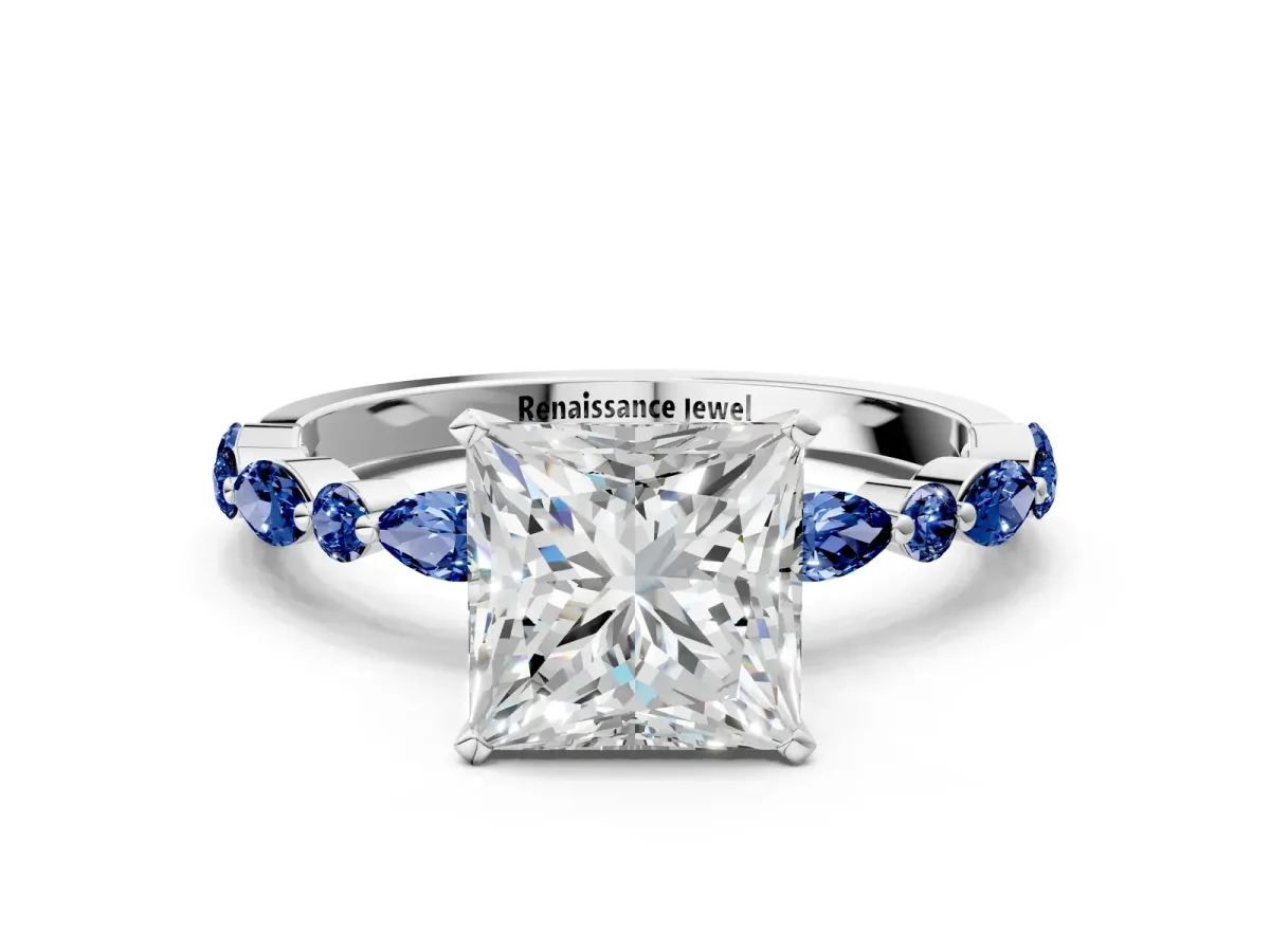 Princess Cut Diamond Ring with Marquise and Round Blue Sapphire Side Stones and Four-Prong Setting Platinum