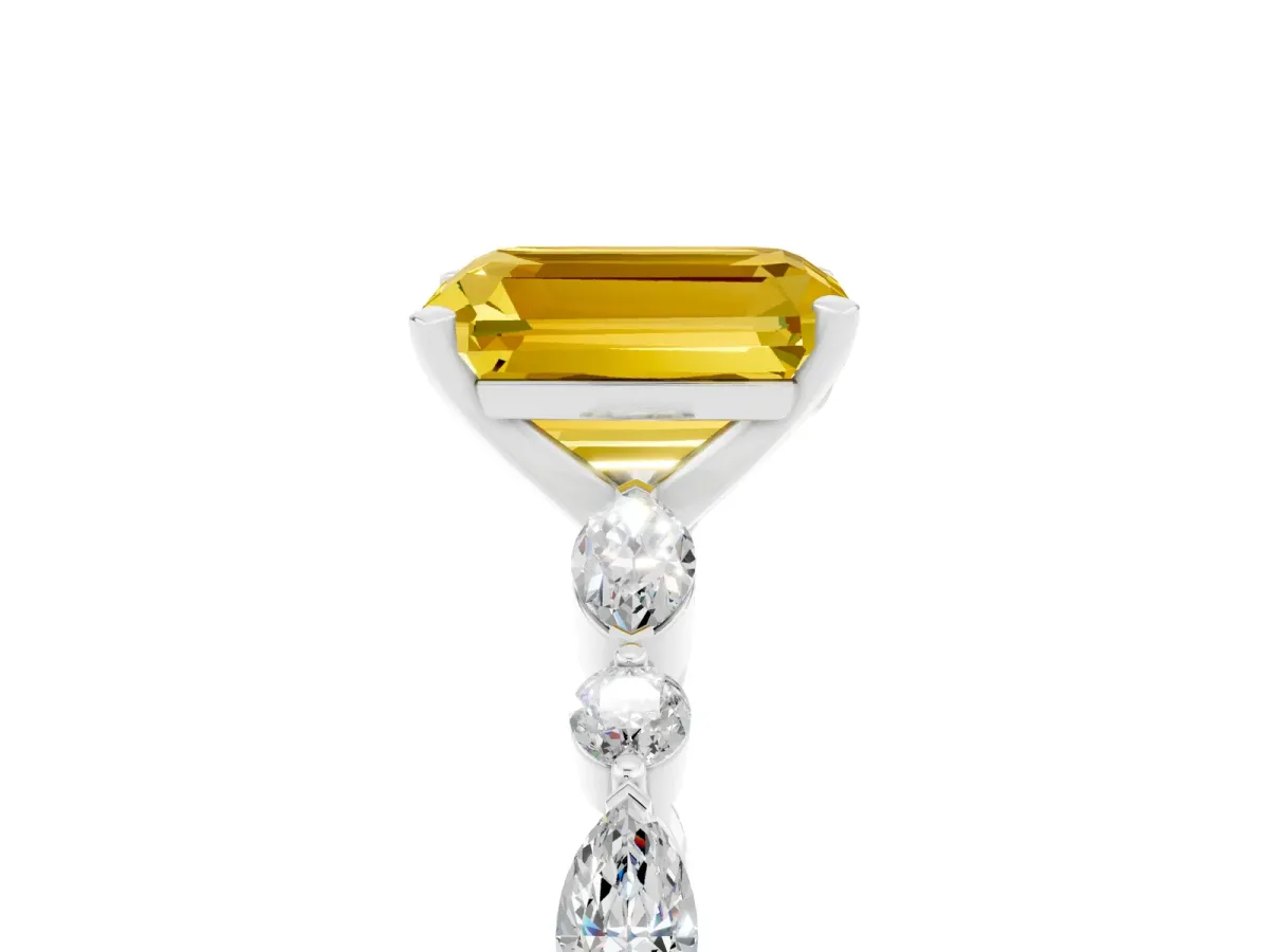Emerald Cut Yellow Sapphire Ring with Marquise and Round Side Stones and Four-Prong Setting Platinum