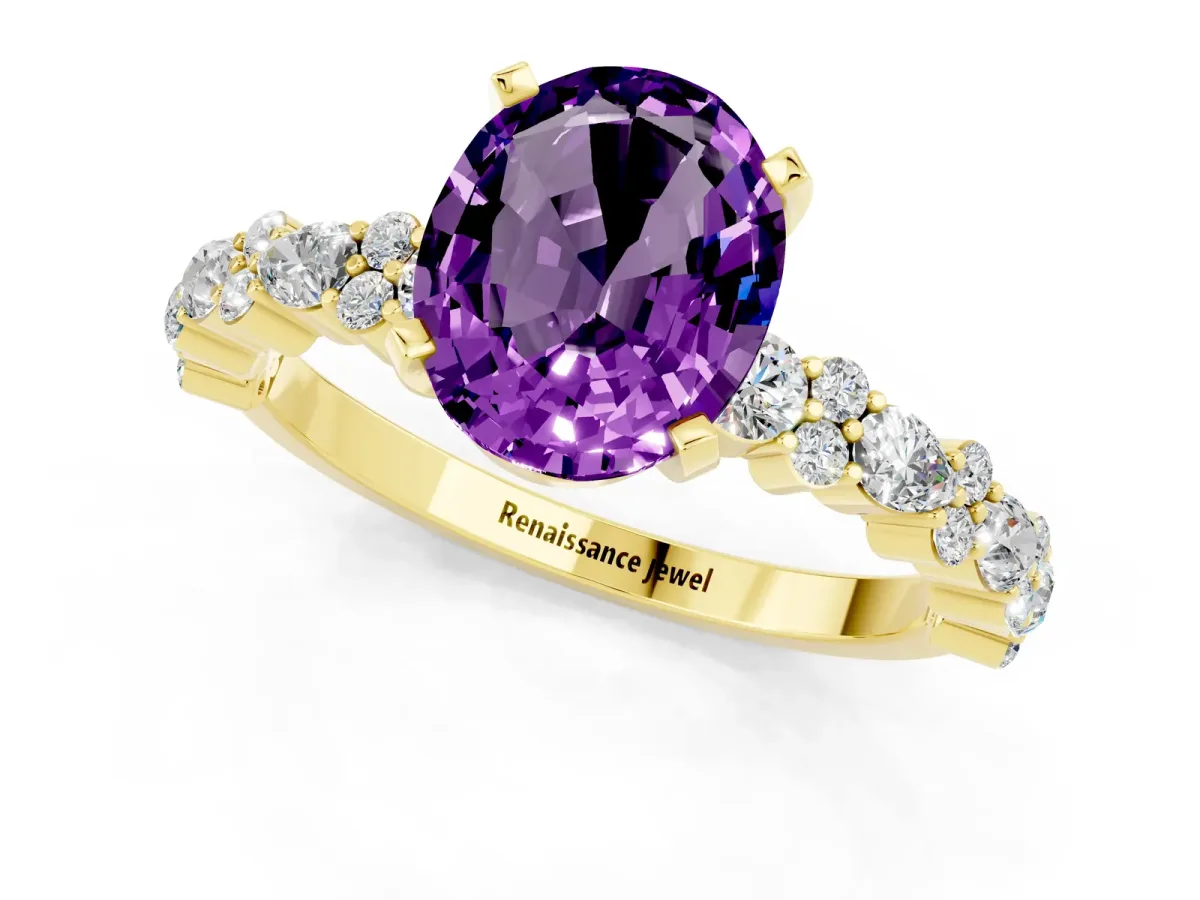 Oval Cut Amethyst Side Stone Solitaire Ring with Round and Four-Prong Setting Yellow gold