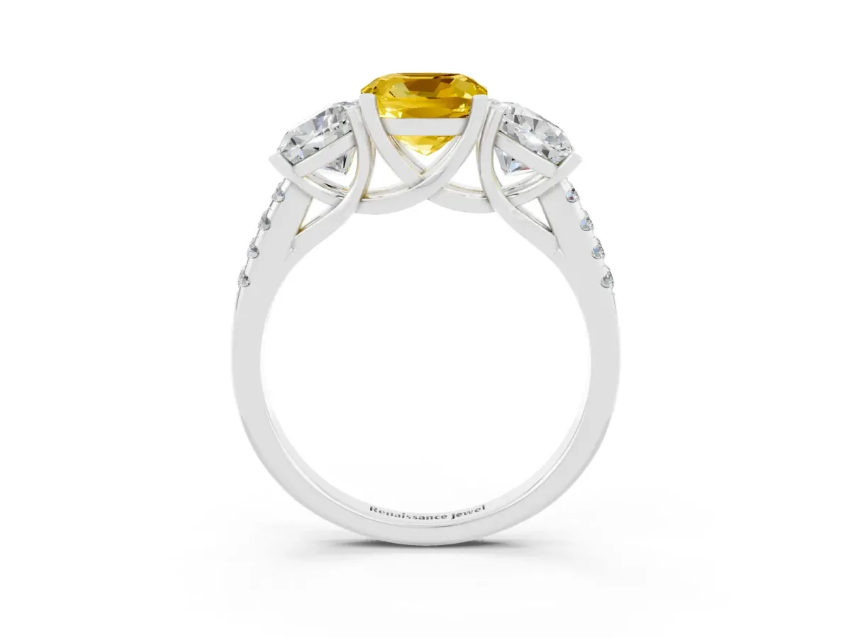 Three-Stone Cushion Cut Yellow Sapphire Ring with Round Pavé Band and Prong Setting Platinum