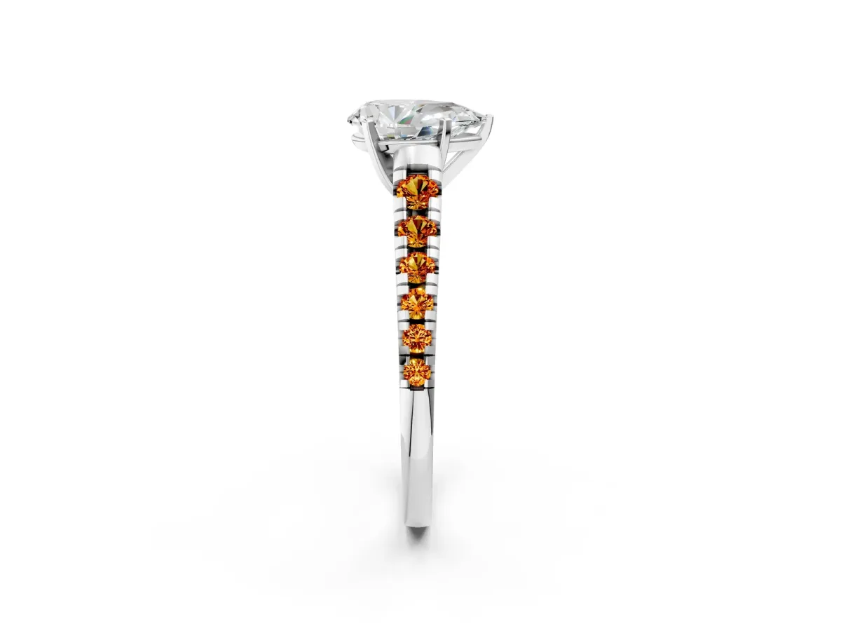 Pear Cut Diamond Cathedral Solitaire Ring with Round Citrine Pavé Band Silver