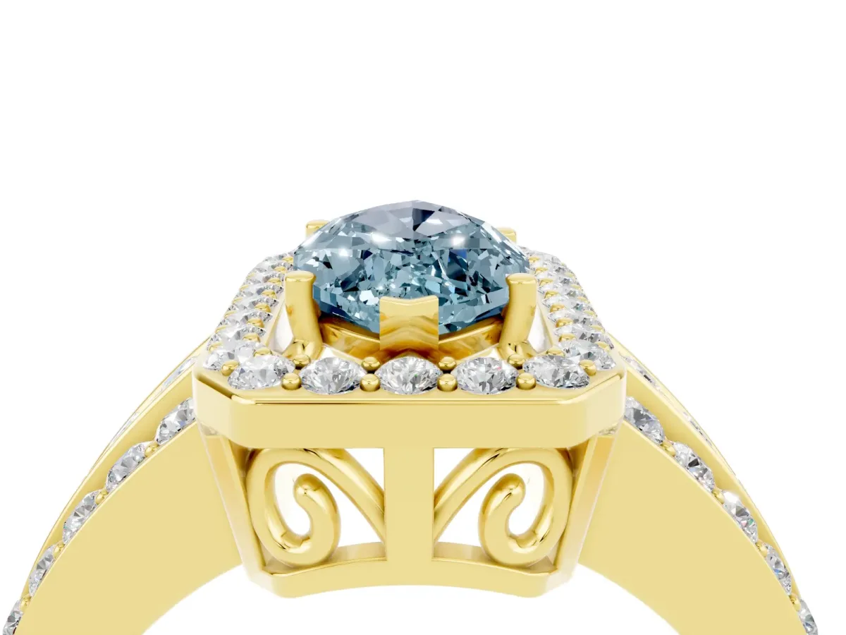 Marquise Cut Halo Aquamarine Ring with Round Split Shank and Prong Setting Yellow gold