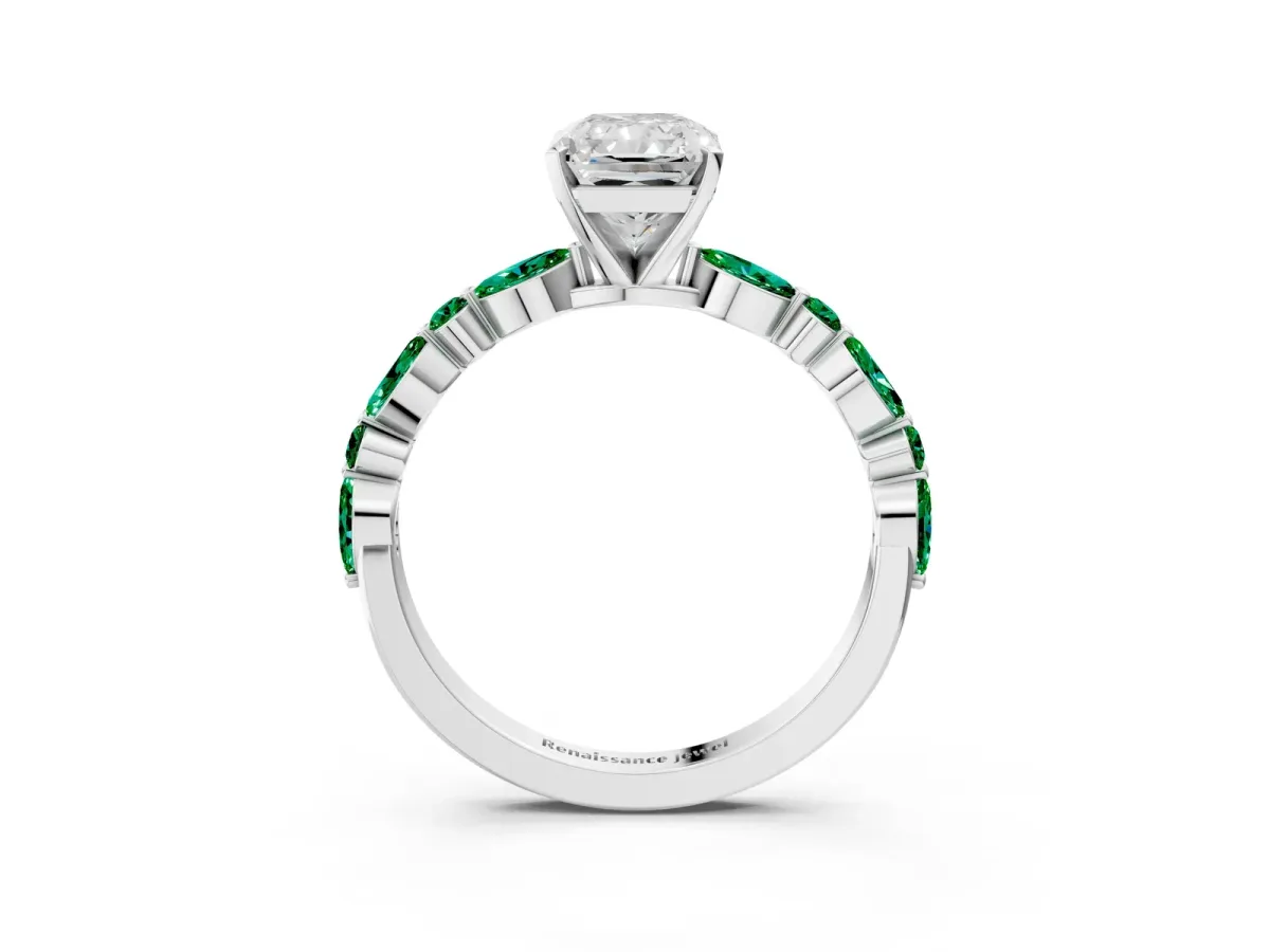 Radiant Cut Diamond Ring with Marquise and Round Emerald Side Stones and Four-Prong Setting Platinum