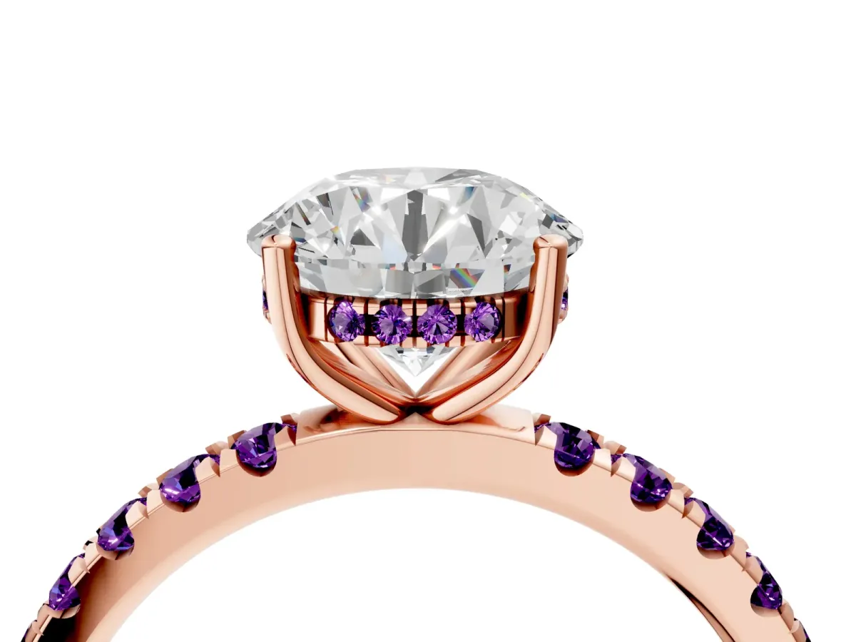 Round Cut Diamond Pave Band Solitaire Ring with Round Amethyst and Prong Setting Rose gold