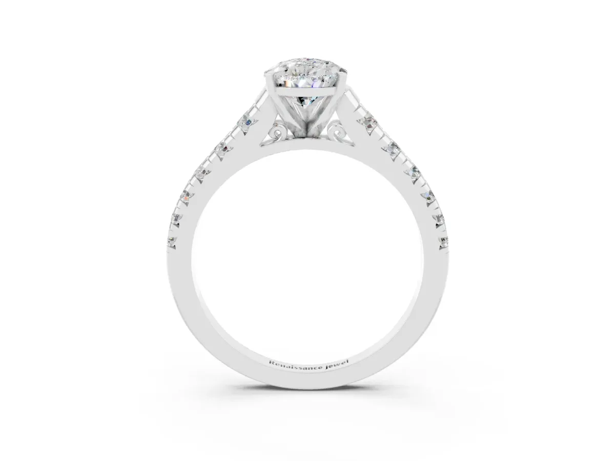 Pear Cut Moissanite Cathedral Solitaire Ring with Round Pavé Band Platinum
