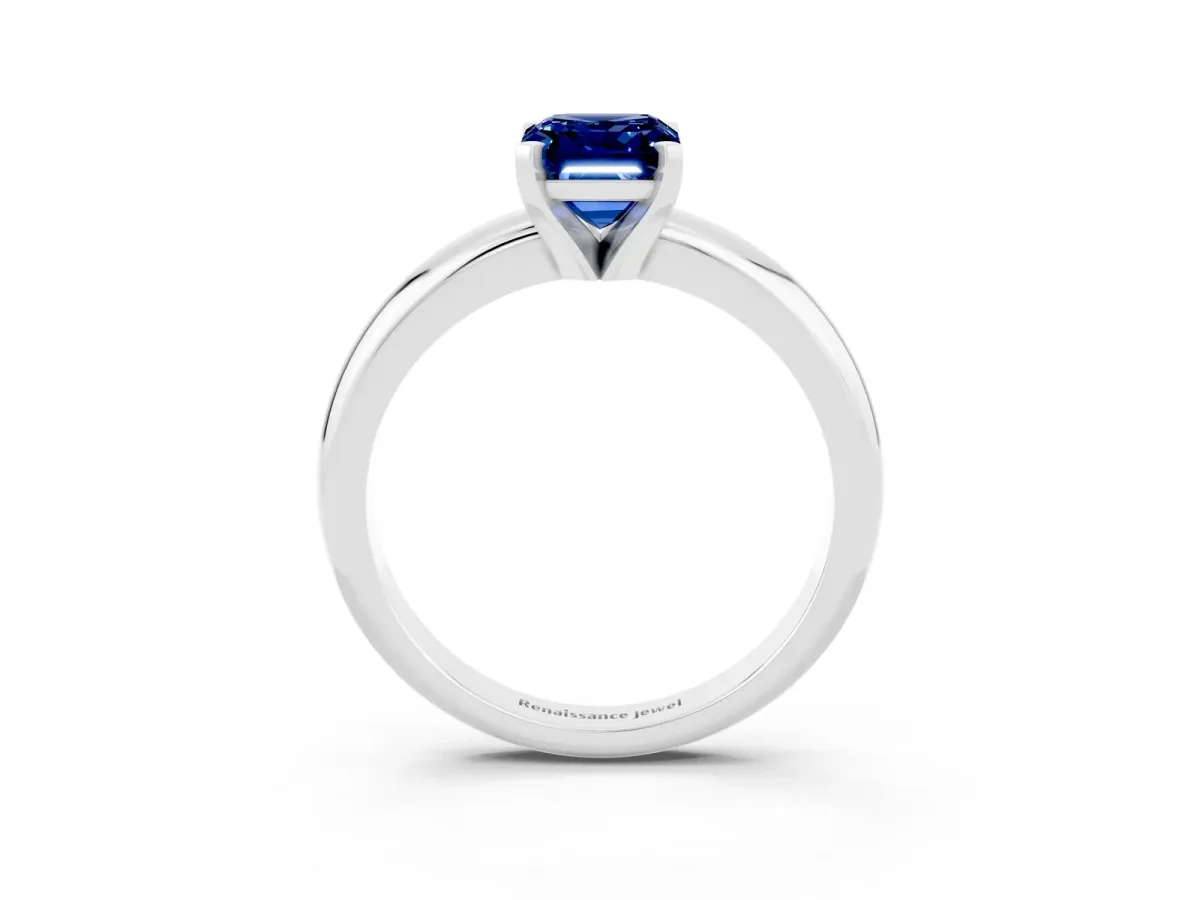 Emerald Cut Blue Sapphire Solitaire Engagement Ring with Round Band and Four-Prong Setting Platinum
