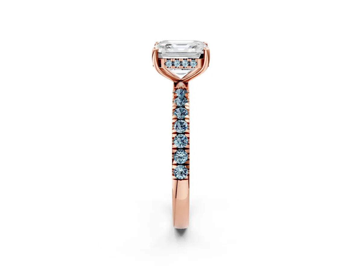 Asscher Cut Diamond Pave Band Solitaire Ring with Round Aquamarine and Prong Setting Rose gold