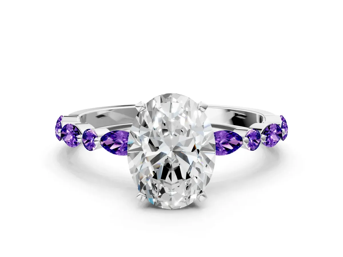 Oval Cut Diamond Ring with Marquise and Round Tanzanite Side Stones and Four-Prong Setting Silver