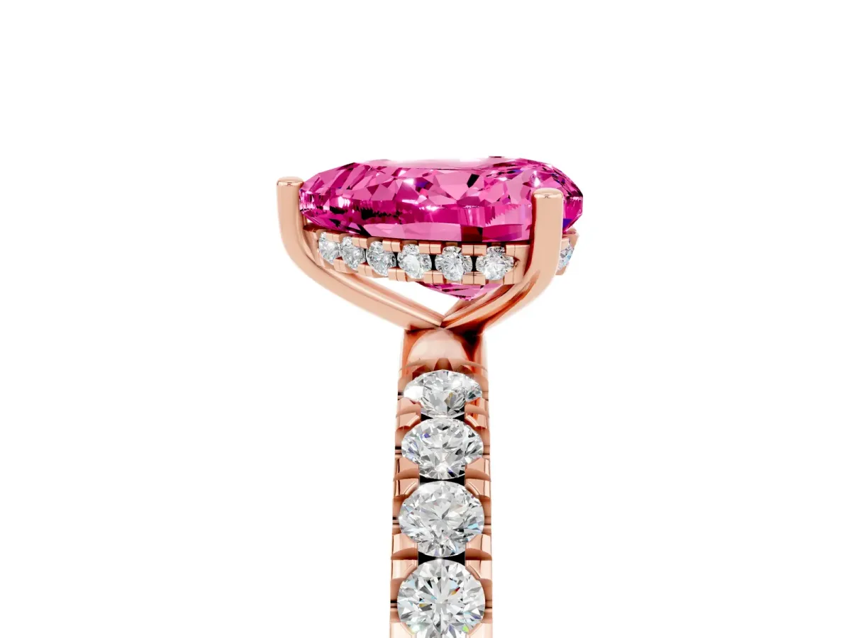 Heart Cut Pink Sapphire Pave Band Solitaire Ring with Round and Prong Setting Rose gold