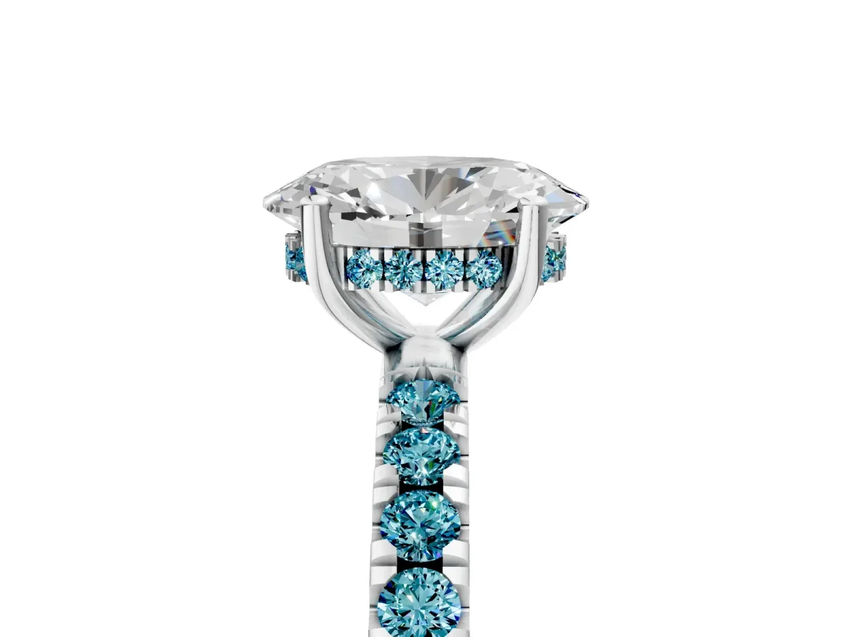 Oval Cut Diamond Pave Band Solitaire Ring with Round Blue Topaz and Prong Setting Platinum