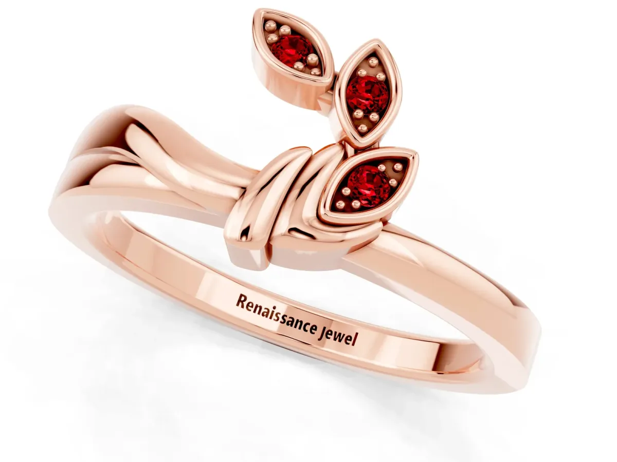 Three-Stone Round Ruby Leaf Bypass Ring with Bezel Setting Rose gold