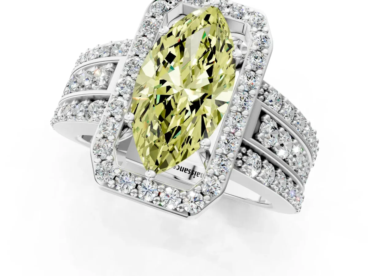 Fancy Yellow Marquise Cut Halo Diamond Ring with Round Split Shank and Prong Setting White gold