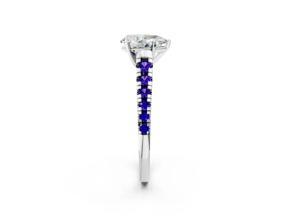Pear Cut Diamond Cathedral Solitaire Ring with Round Tanzanite Pavé Band Platinum