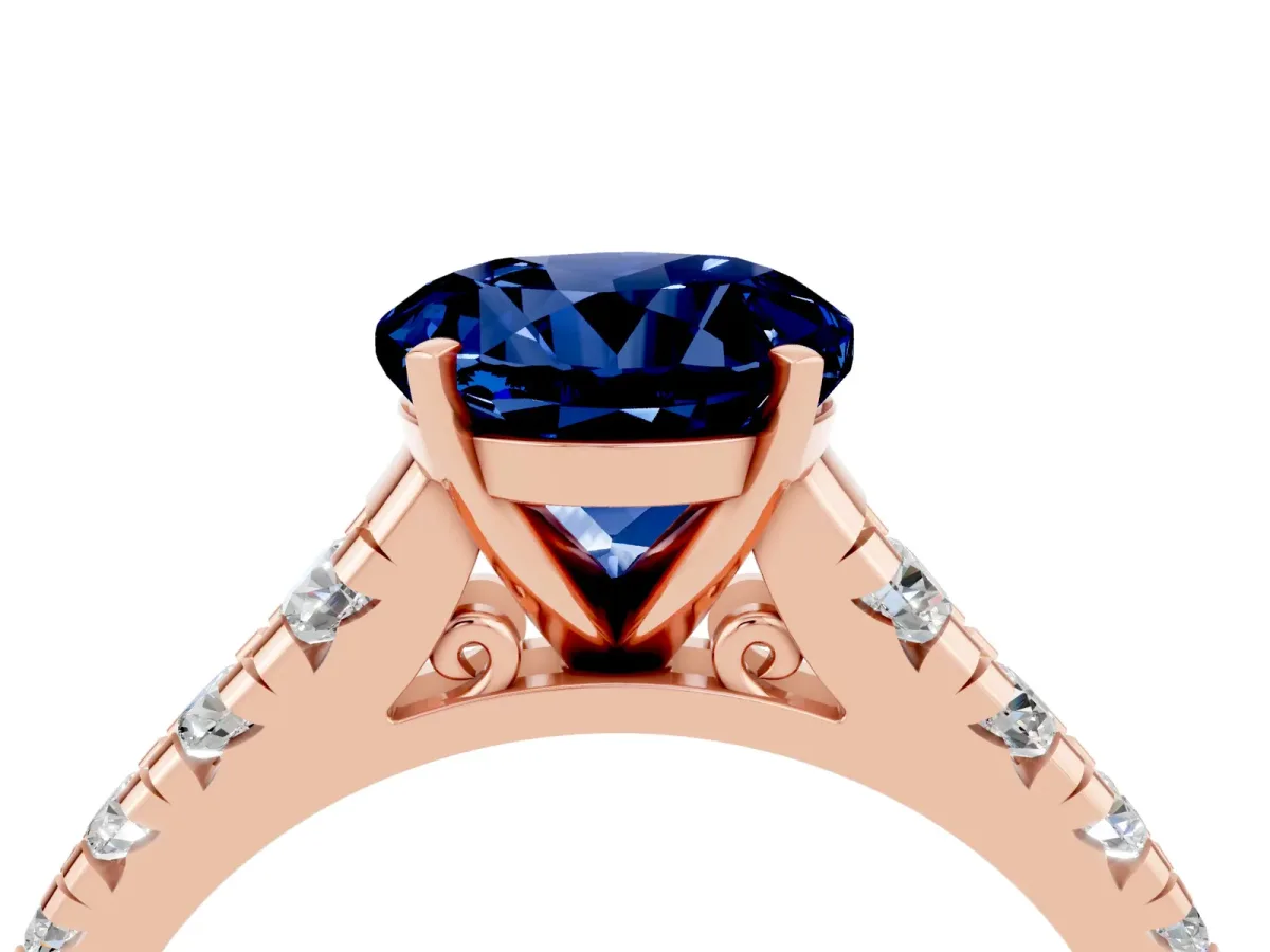 Round Cut Blue Sapphire Cathedral Solitaire Ring with Round Pavé Band Rose gold