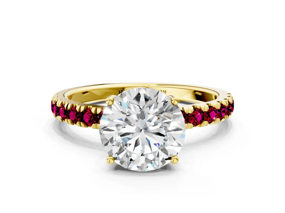 Round Cut Diamond Pave Band Solitaire Ring with Round Garnet and Prong Setting Yellow gold