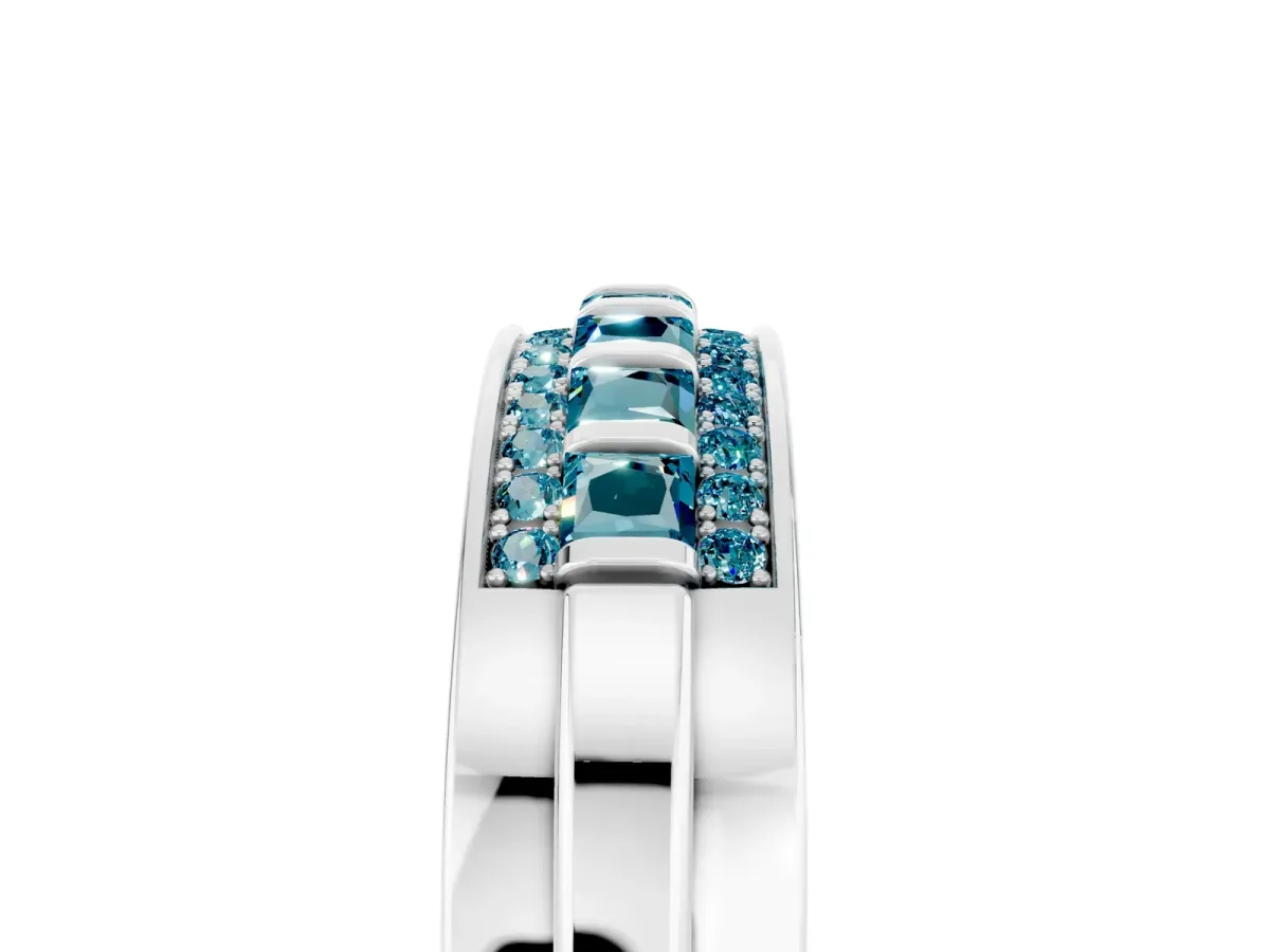 Bar-Set Princess Cut Blue Topaz Pavé Band Silver