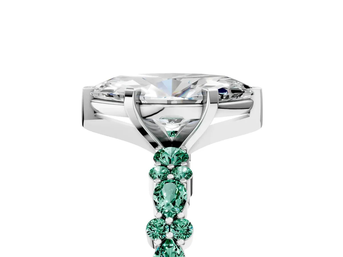 Marquise Cut Diamond Side Stone Solitaire Ring with Round Green Sapphire and Four-Prong Setting Platinum